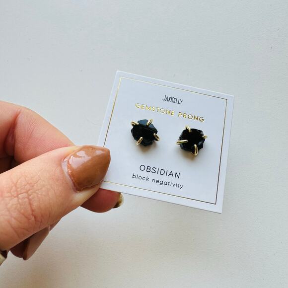 NEW ANTHROPOLOGIE JaxKelly 18kt Gold Obsidian Stone Natural Gemstone Earring - Picture 6 of 7